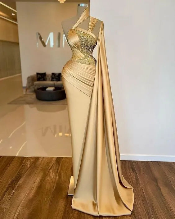 Regal Mermaid One-Shoulder Beaded Cape-Sleeve Floor-Length Formal Evening Dress