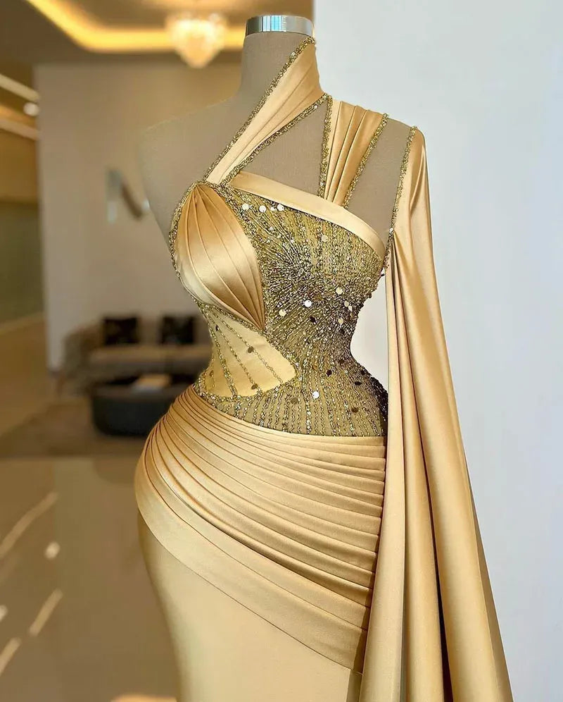 Regal Mermaid One-Shoulder Beaded Cape-Sleeve Floor-Length Formal Evening Dress
