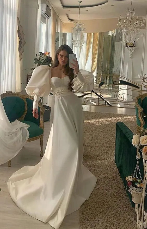 Regal A‑Line Sweetheart Puffed‑Long‑Sleeve Floor‑Length Wedding‑Style Prom Dress