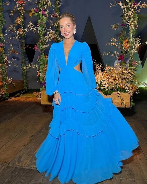 Romantic A-Line Deep V-Neck Long-Sleeve Open Back Tiered Ruffle Chiffon Evening Dress