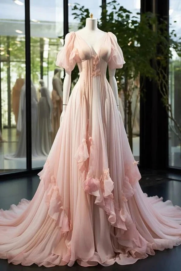 Romantic A-Line Deep V-Neck Puffed Sleeve Open Back Ruffled Chiffon Evening Dress