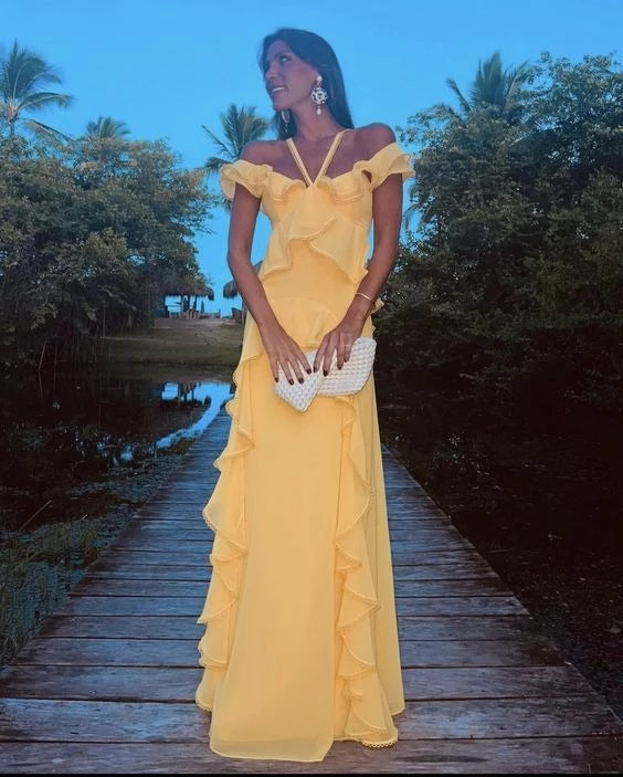 Romantic A-Line Halter Neck Off-the-Shoulder Open Back Tiered Ruffle Evening Dress