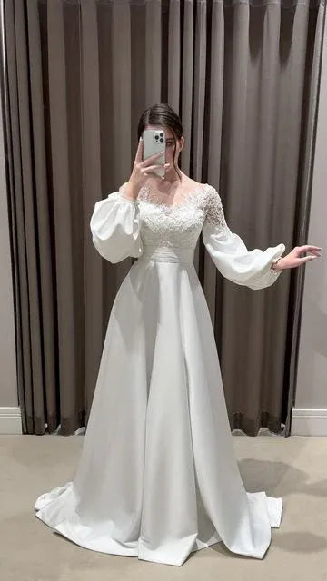 Romantic A-Line Illusion Neck Bishop Sleeve Plain Back Floor Length Wedding Dress
