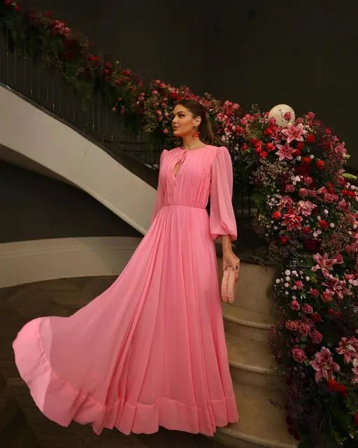 Romantic A-Line Keyhole Neck Puff Sleeve Plain Back Floor Length Formal Evening Dress