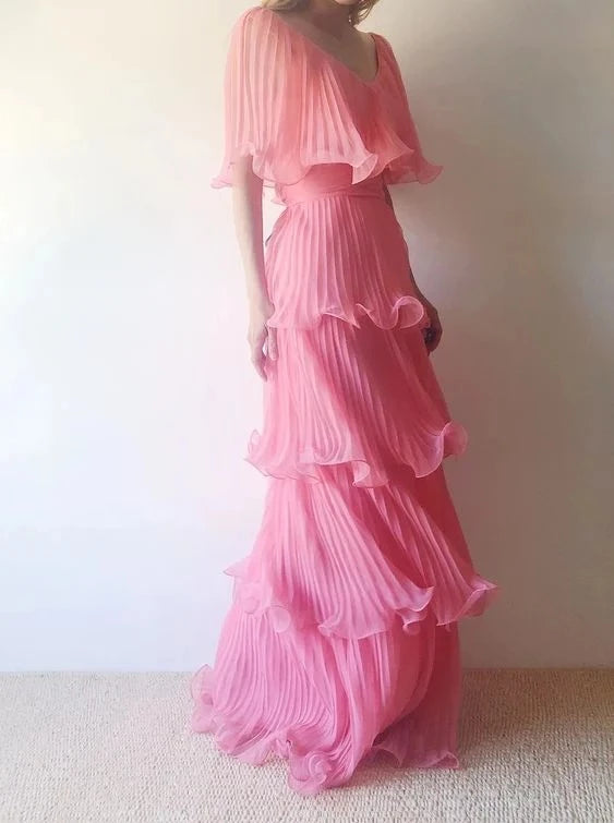 Romantic A-Line Off-Shoulder Ruffle Sleeve Open Back Tiered Ruffle Floor Length Evening Dress