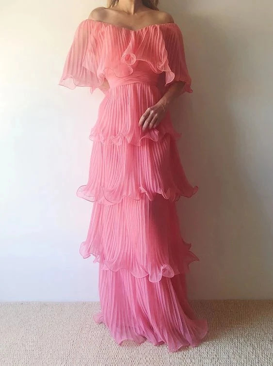 Romantic A-Line Off-Shoulder Ruffle Sleeve Open Back Tiered Ruffle Floor Length Evening Dress