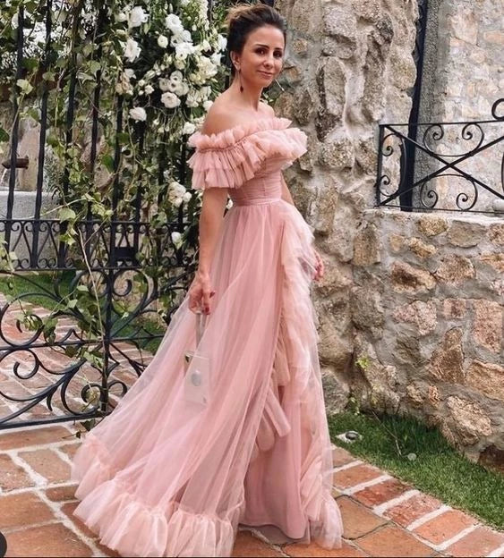 Romantic A-Line Off-the-Shoulder Sleeveless Open Back Ruffled Tulle Evening Dress