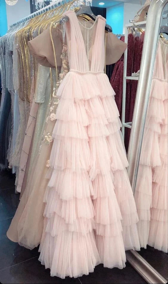 Romantic A-Line Plunge Neck Sleeveless Open Back Tiered Floor Length Evening Dress