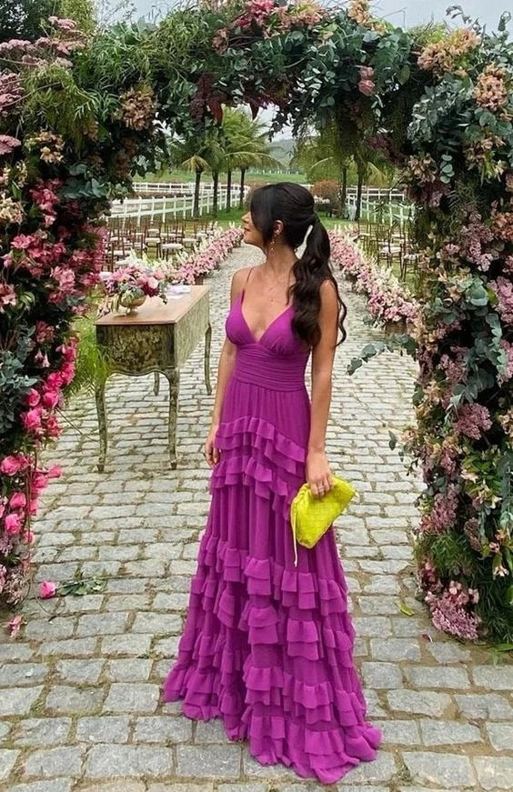 Romantic A-Line Plunge Neck Sleeveless Open Back Tiered Ruffle Floor Length Evening Dress