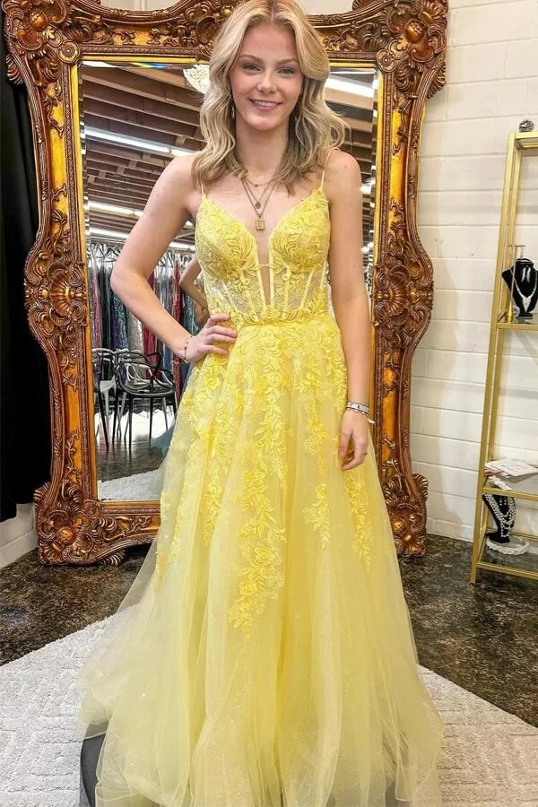 Romantic A-Line Plunge Neck Spaghetti-Strap Lace-Up Back Floral Lace Glitter-Tulle Maxi Evening Dress