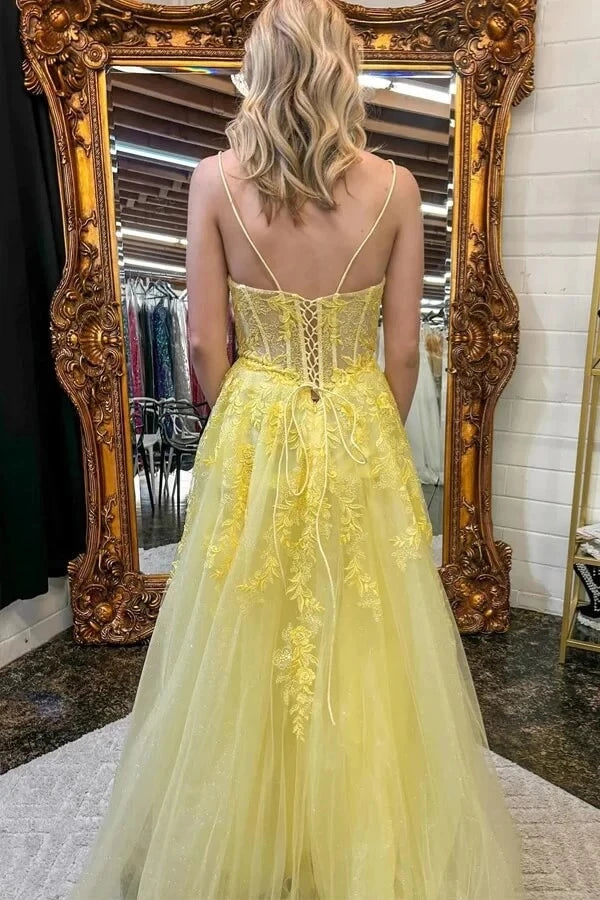 Romantic A-Line Plunge Neck Spaghetti-Strap Lace-Up Back Floral Lace Glitter-Tulle Maxi Evening Dress