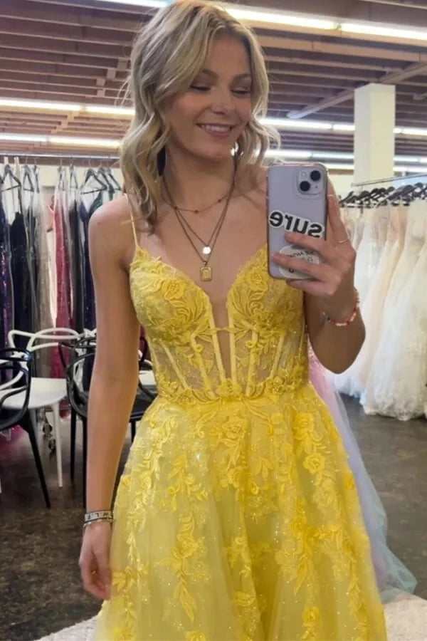 Romantic A-Line Plunge Neck Spaghetti-Strap Lace-Up Back Floral Lace Glitter-Tulle Maxi Evening Dress