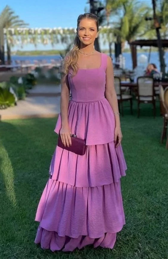 Romantic A-Line Square Neck Sleeveless Bow Back Tiered Floor Length Evening Dress