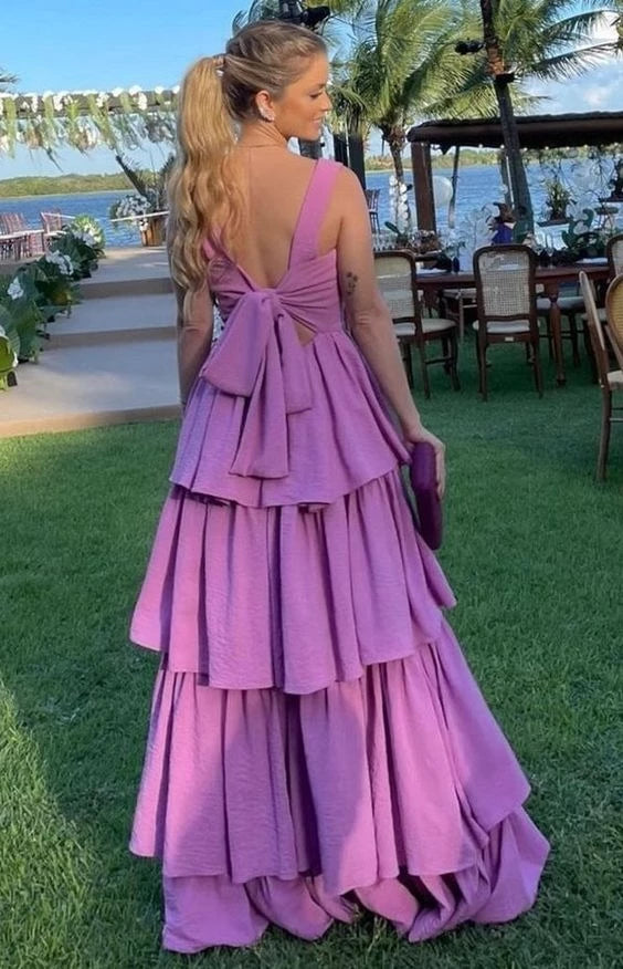 Romantic A-Line Square Neck Sleeveless Bow Back Tiered Floor Length Evening Dress