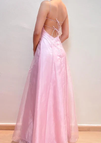 Romantic A-Line Square Neck Spaghetti Strap Lace Up Back Floor Length Evening Dress