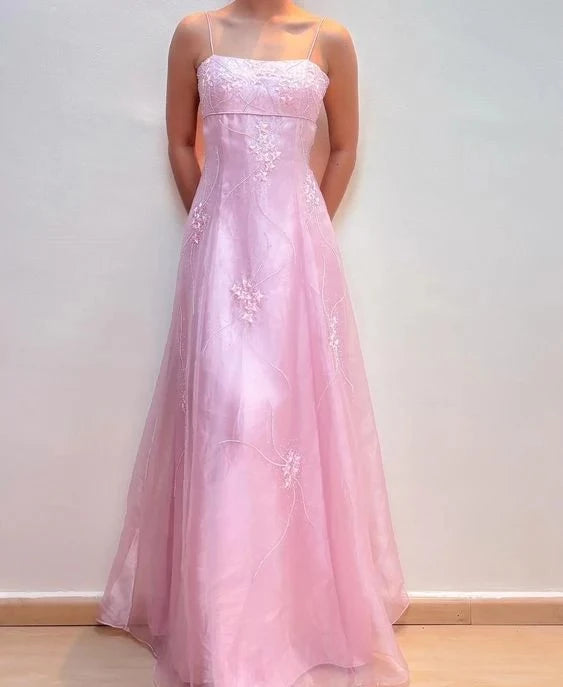 Romantic A-Line Square Neck Spaghetti Strap Lace Up Back Floor Length Evening Dress