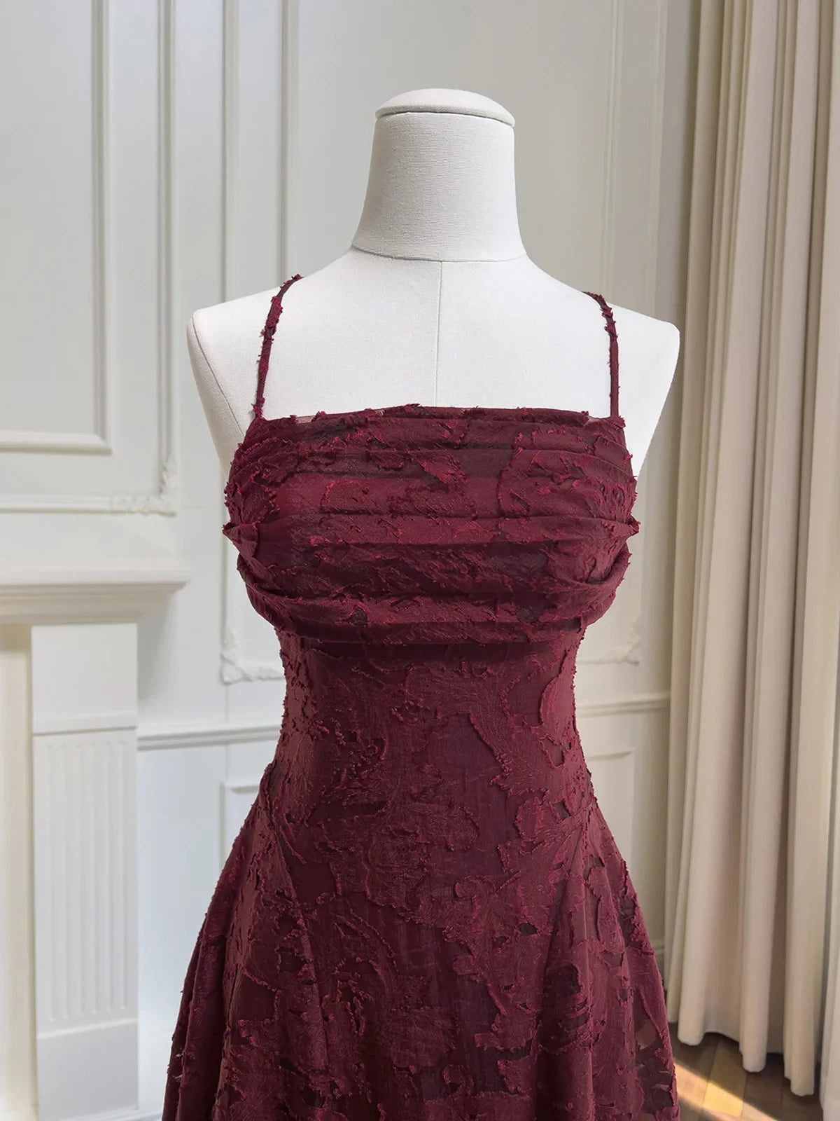 Romantic A-Line Square Neck Spaghetti-Strap Lace-Up Back Textured Lace Midi Evening Dress