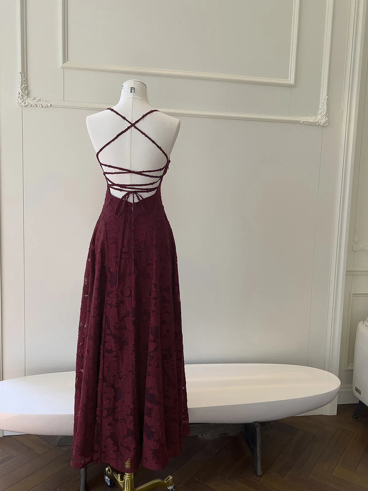 Romantic A-Line Square Neck Spaghetti-Strap Lace-Up Back Textured Lace Midi Evening Dress