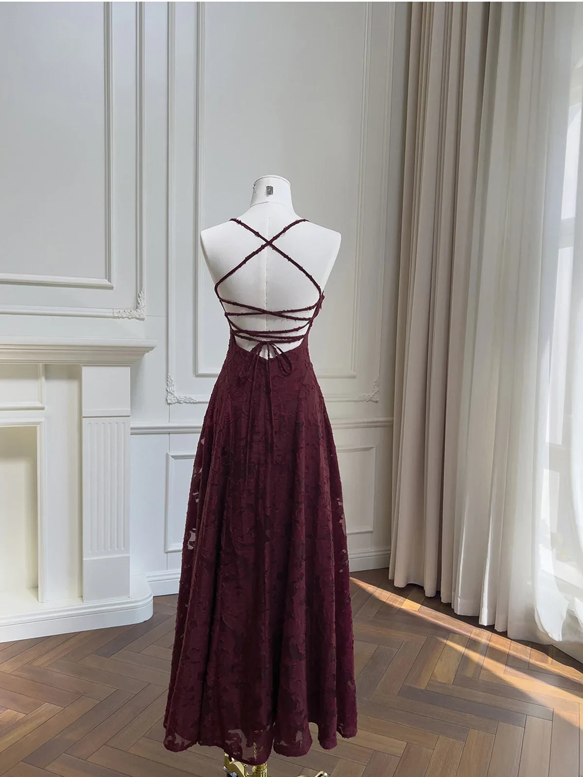 Romantic A-Line Square Neck Spaghetti-Strap Lace-Up Back Textured Lace Midi Evening Dress