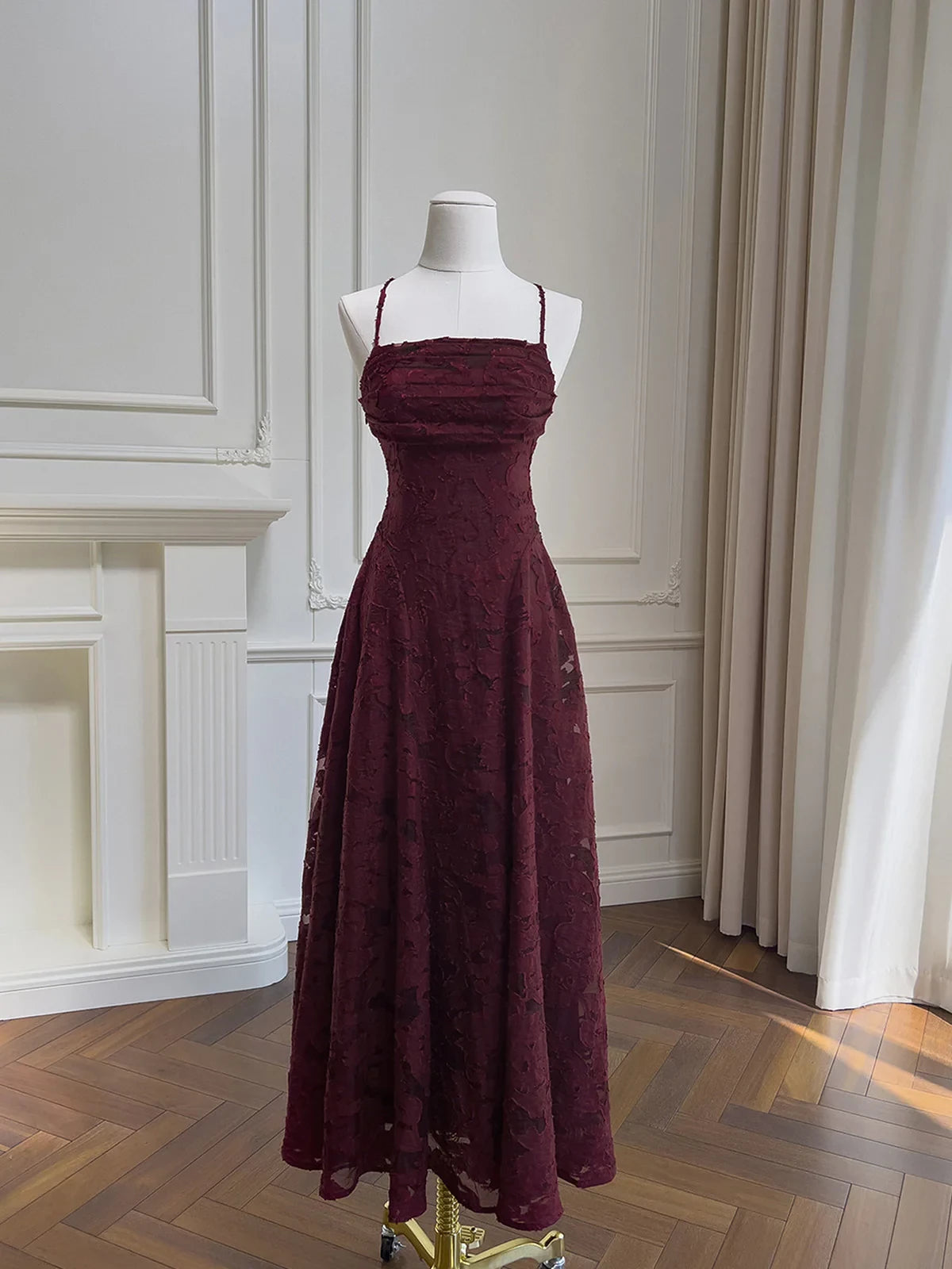 Romantic A-Line Square Neck Spaghetti-Strap Lace-Up Back Textured Lace Midi Evening Dress