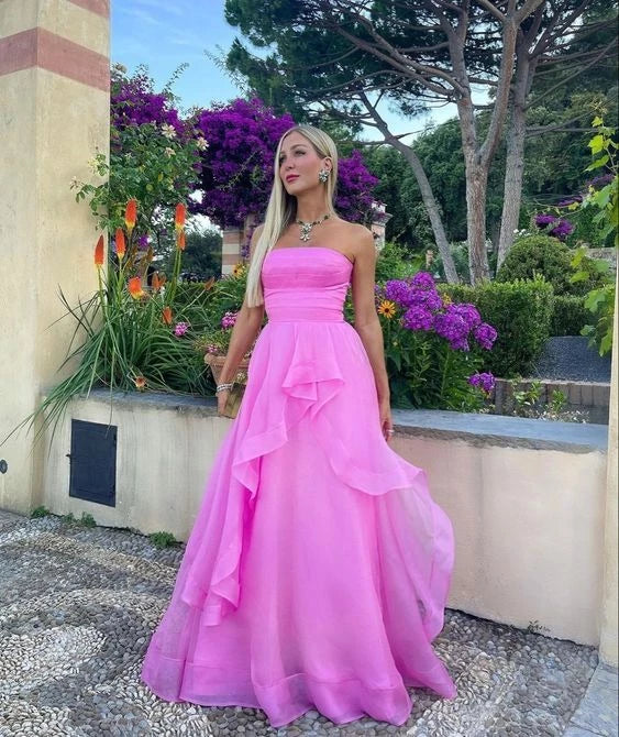 Romantic A-Line Strapless Neck Sleeveless Open Back Ruffled Floor Length Evening Dress