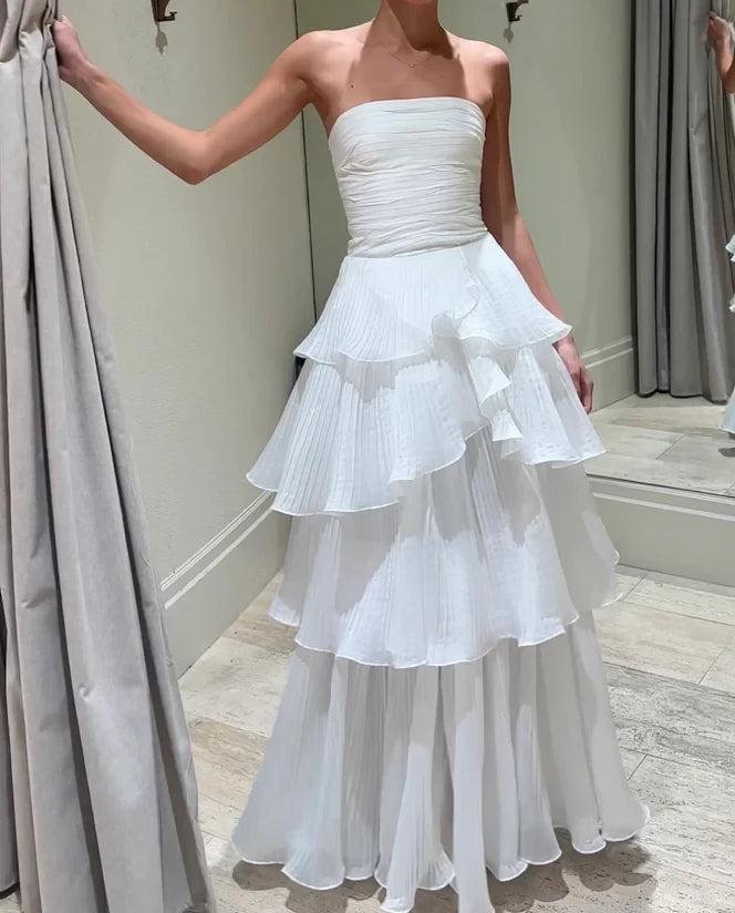 Romantic A-Line Strapless Neck Sleeveless Open Back Tiered Floor Length Evening Dress