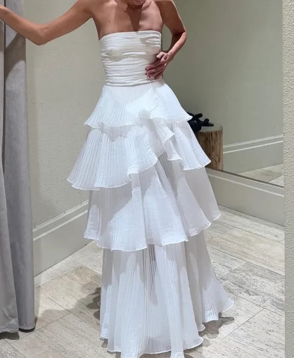 Romantic A-Line Strapless Neck Sleeveless Open Back Tiered Floor Length Evening Dress