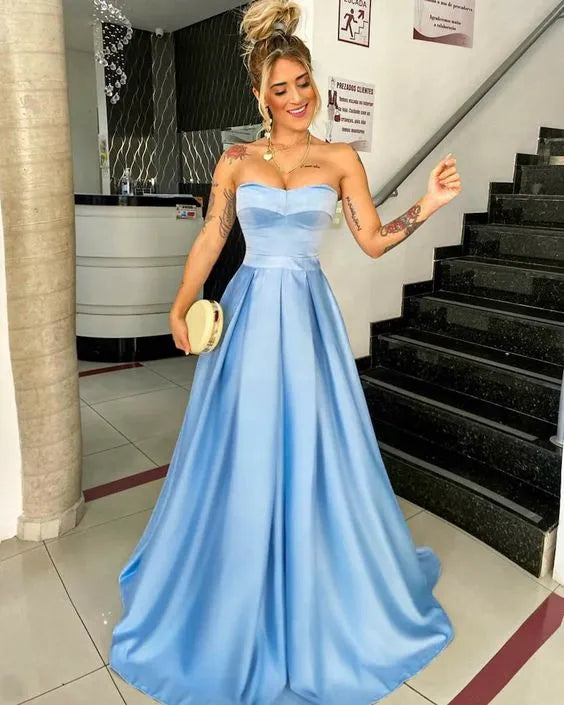 Romantic A-Line Strapless Sweetheart Plain Back Floor Length Formal Evening Dress