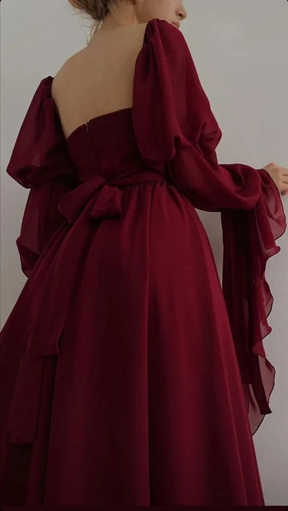Romantic A-Line Sweetheart Neck Puff Sleeve Tie Back Floor Length Evening Dress