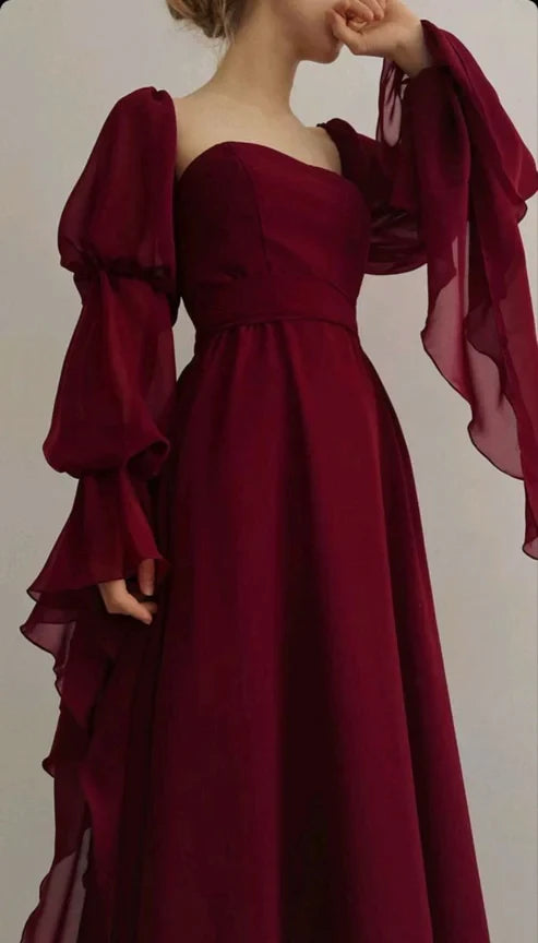 Romantic A-Line Sweetheart Neck Puff Sleeve Tie Back Floor Length Evening Dress