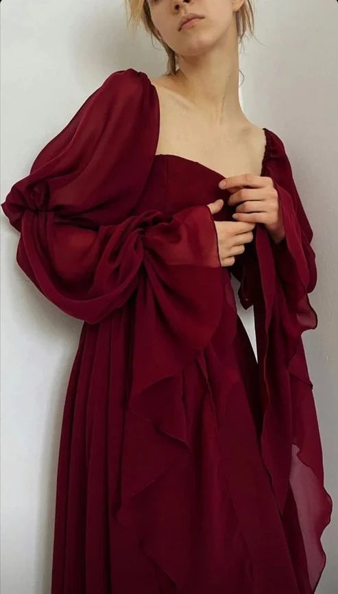 Romantic A-Line Sweetheart Neck Puff Sleeve Tie Back Floor Length Evening Dress