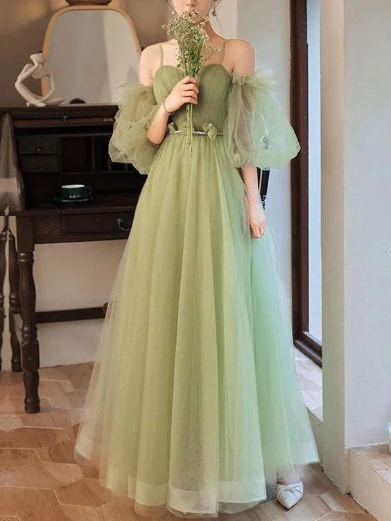 Romantic A-Line Sweetheart Neck Puffed-Sleeve Lace-Up Back Tulle Floor-Length Evening Dress