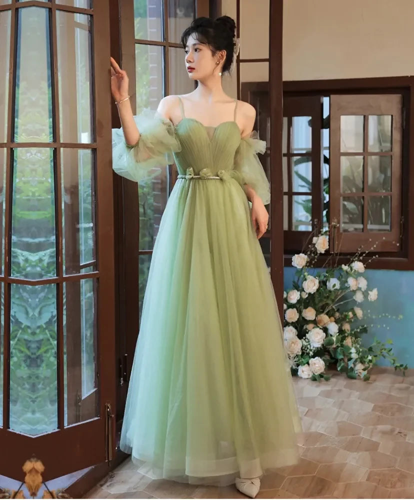 Romantic A-Line Sweetheart Neck Puffed-Sleeve Lace-Up Back Tulle Floor-Length Evening Dress