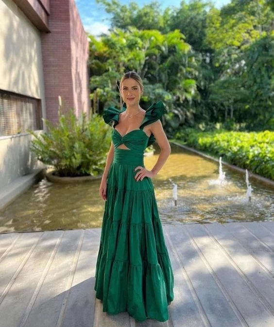 Romantic A-Line Sweetheart Neck Ruffle Sleeve Cut Out Back Tiered Floor Length Evening Dress