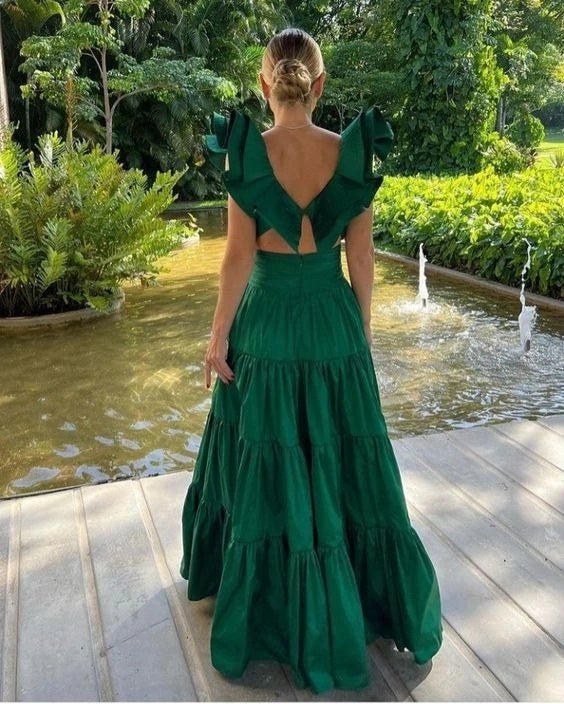 Romantic A-Line Sweetheart Neck Ruffle Sleeve Cut Out Back Tiered Floor Length Evening Dress