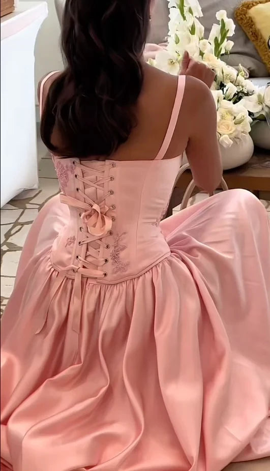 Romantic A-Line Sweetheart Neck Spaghetti Strap Corset Back Floor Length Evening Dress