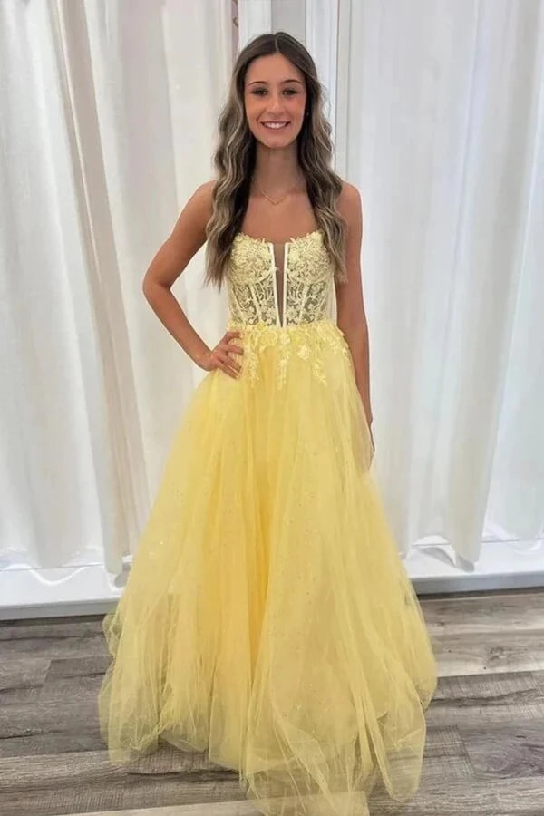 Romantic A-Line Sweetheart Neck Spaghetti-Strap Lace-Up Back Floral Lace Glitter-Tulle Maxi Evening Dress
