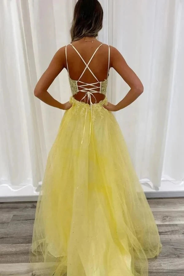 Romantic A-Line Sweetheart Neck Spaghetti-Strap Lace-Up Back Floral Lace Glitter-Tulle Maxi Evening Dress