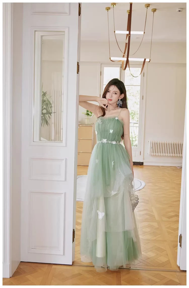 Romantic A-Line Sweetheart Neck Spaghetti-Strap Open Back Butterfly Tulle Evening Dress