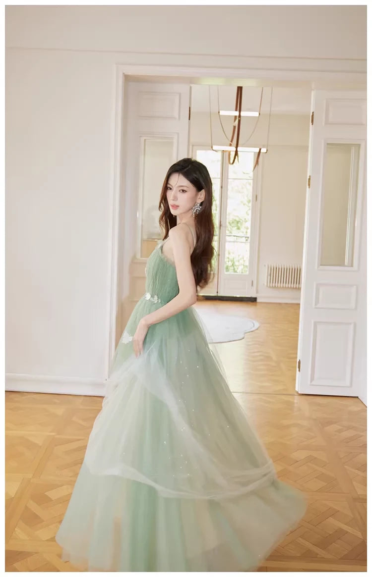 Romantic A-Line Sweetheart Neck Spaghetti-Strap Open Back Butterfly Tulle Evening Dress
