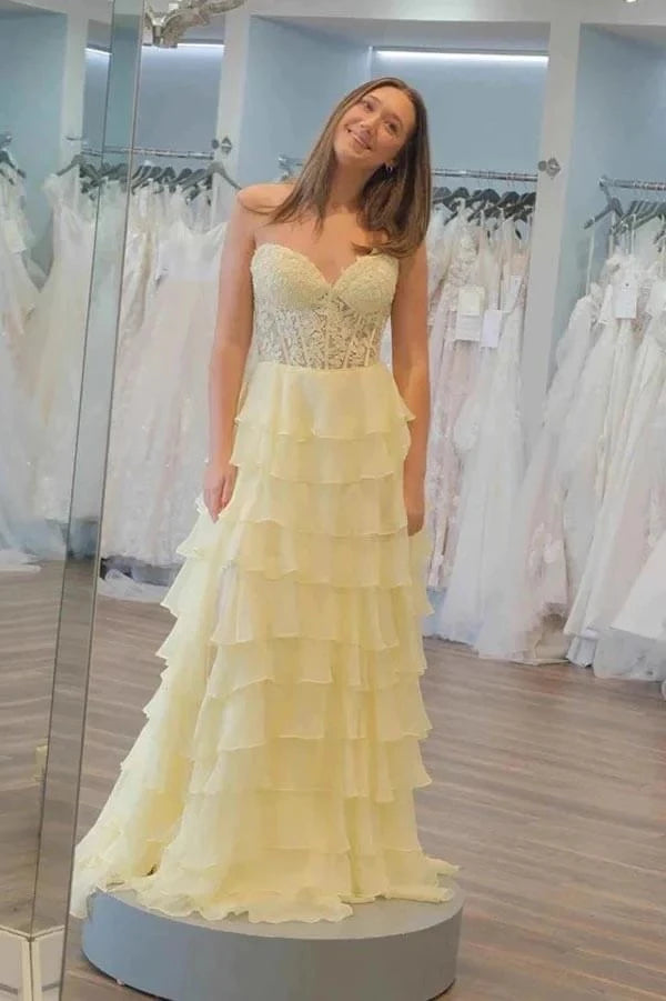 Romantic A-Line Sweetheart Neck Strapless Lace-Up Back Tiered Chiffon Maxi Evening Dress