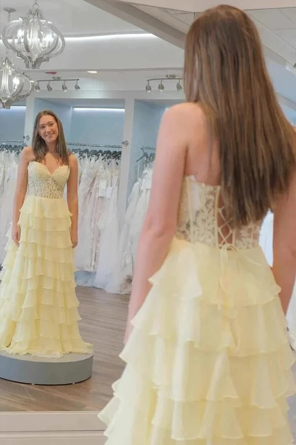 Romantic A-Line Sweetheart Neck Strapless Lace-Up Back Tiered Chiffon Maxi Evening Dress