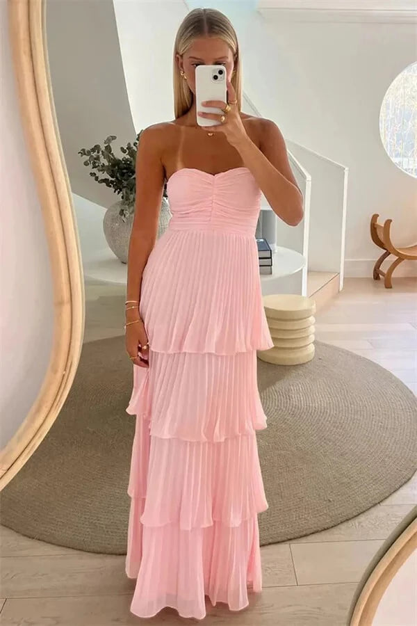 Romantic A-Line Sweetheart Neck Strapless Open Back Tiered Chiffon Prom Dress