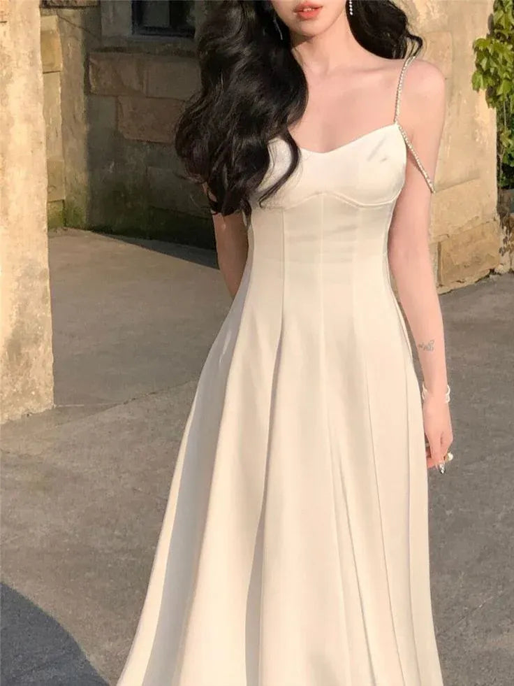 Romantic A-Line Sweetheart Pearl-Strap Plain Back Floor Length Formal Evening Dress