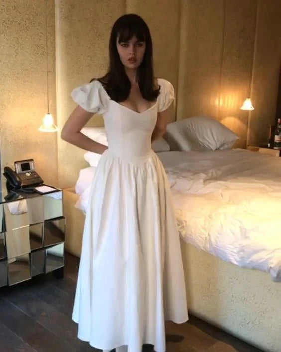 Romantic A-Line Sweetheart Puffed-Sleeve Bow-Back Ankle-Length Evening Dress