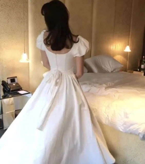 Romantic A-Line Sweetheart Puffed-Sleeve Bow-Back Ankle-Length Evening Dress