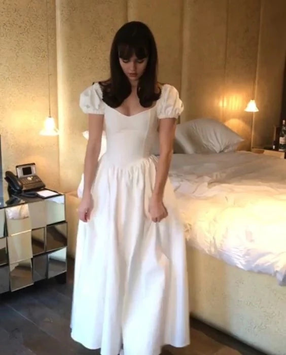 Romantic A-Line Sweetheart Puffed-Sleeve Bow-Back Ankle-Length Evening Dress