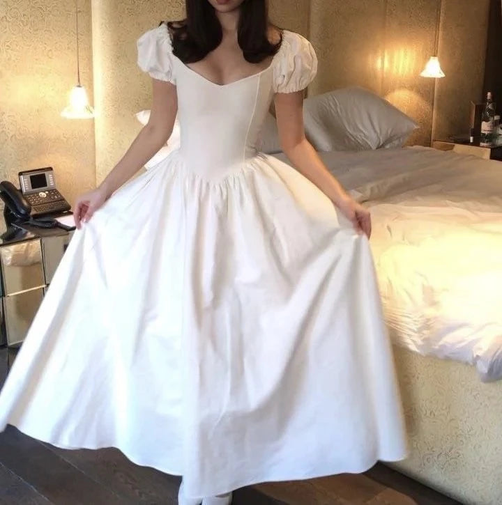 Romantic A-Line Sweetheart Puffed-Sleeve Bow-Back Ankle-Length Evening Dress
