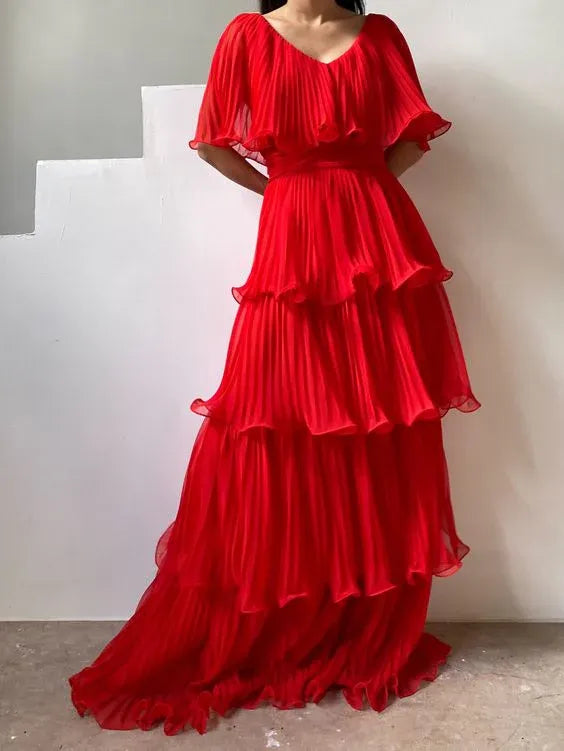 Romantic A-Line V-Neck Flutter Sleeve Plain Back Floor Length Formal Evening Dress
