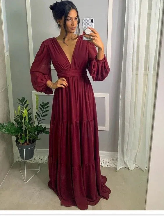 Romantic A-Line V-Neck Long Puff Sleeve Plain Back Floor Length Formal Evening Dress